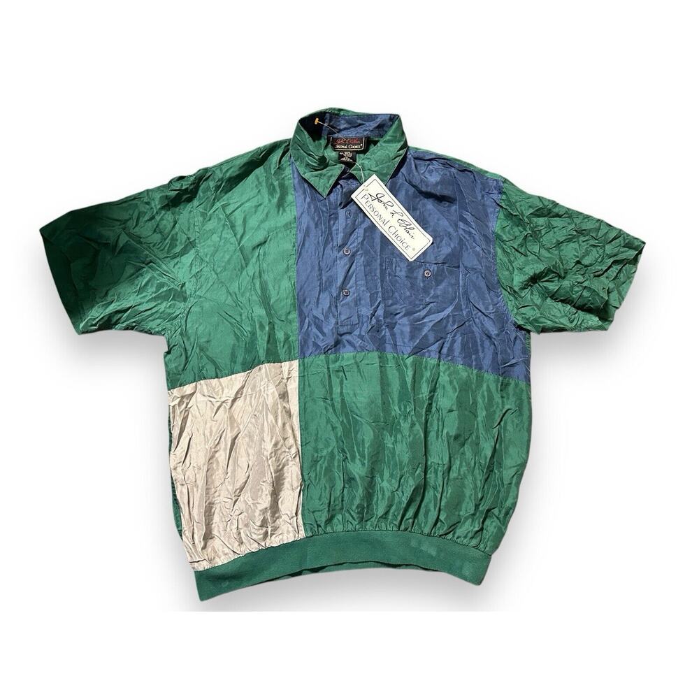VTG‎ John L Blair Shirt Men XL Short Sleeve Pullover 100% Silk Green Blue NWT